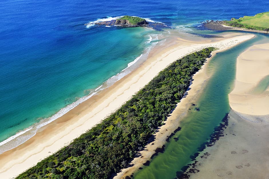 Aerial view of Minnamurra River and Mystics Beach