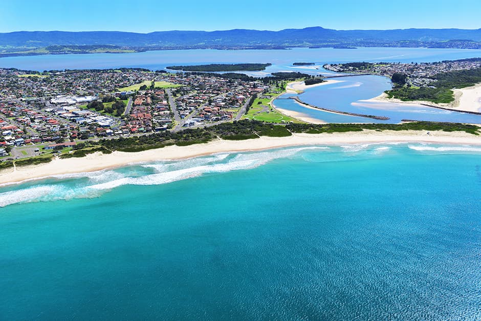 Aerial view of Warilla beach from out to sea
